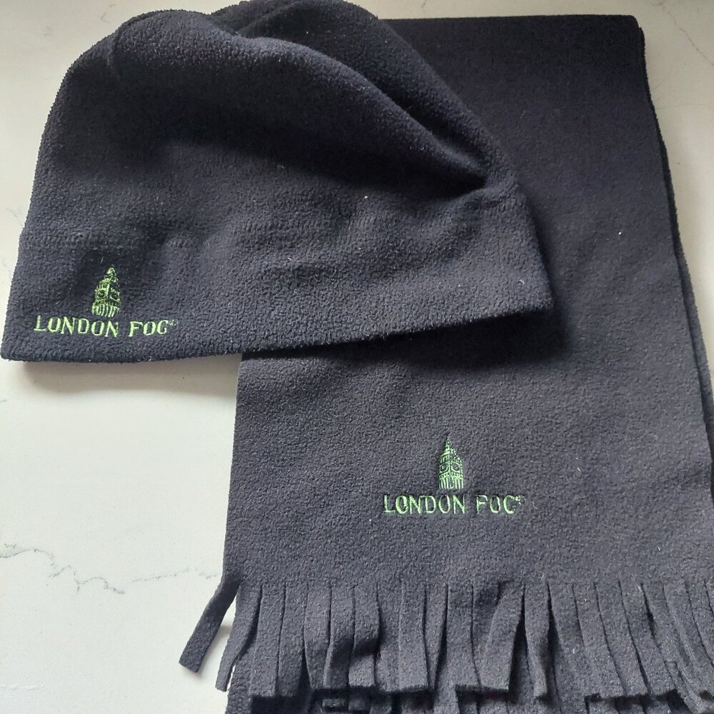 London Fog Dark Navy Fleece Beanie Hat Scarf Set, Unisex One Size